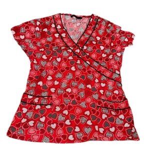 Womens Red Heart Print Scrub Top With V-Neck & Pockets By Flex Size M